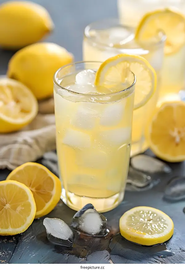 Refreshing Glass of Lemonade with Ice and Lemon Slices