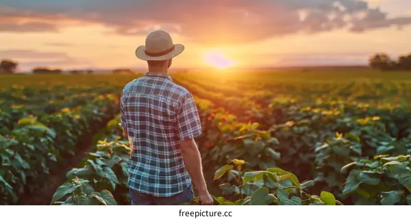 A farmer is standing in a field of soybeans and looking at the sunset.