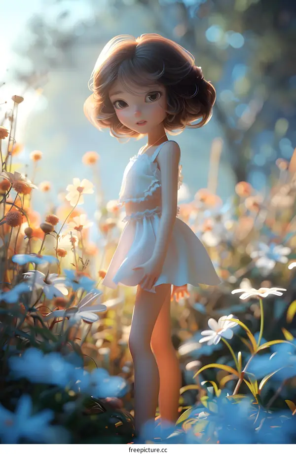Cute Cartoon Girl Standing In Field Of Flowers