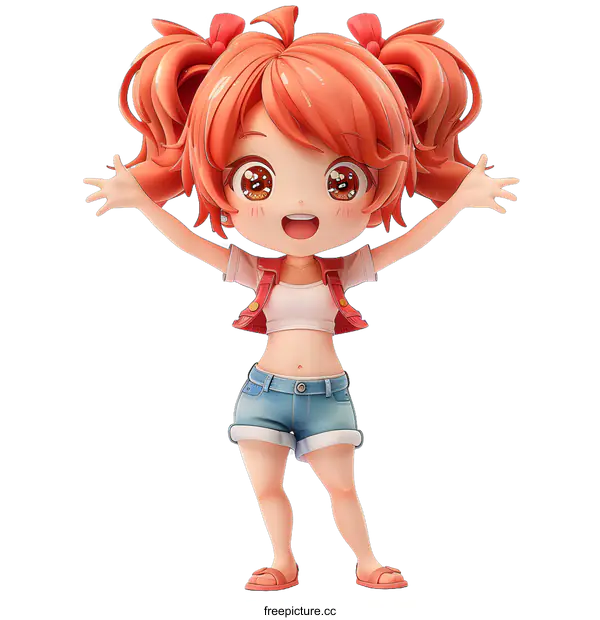[Transparent Background PNG]Cute Cartoon Girl with Orange Hair and Pigtails Wearing Jeans Shorts