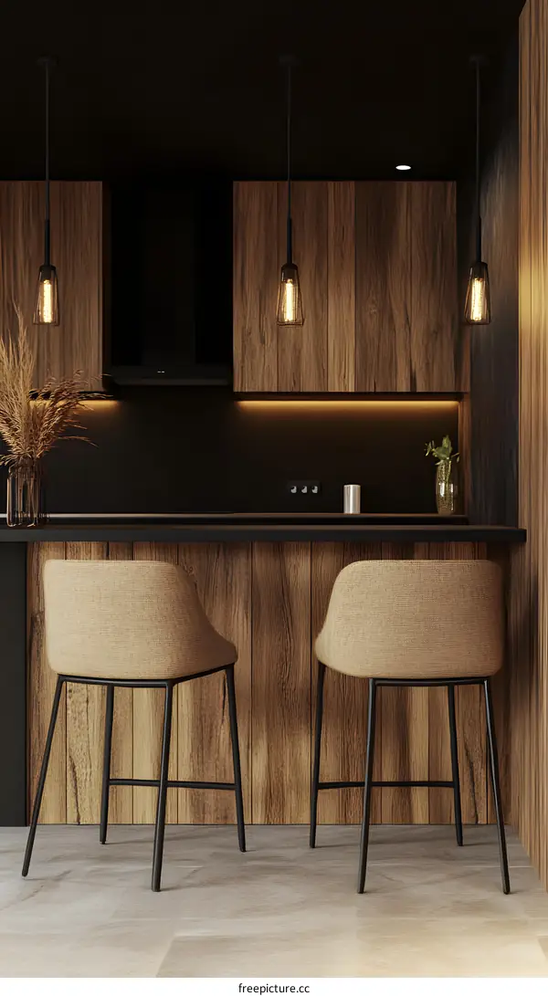 Modern Kitchen Island with Two Bar Stools and Pendant Lights