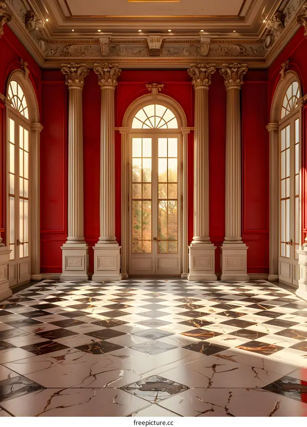 A grand hall with marble floor and red walls