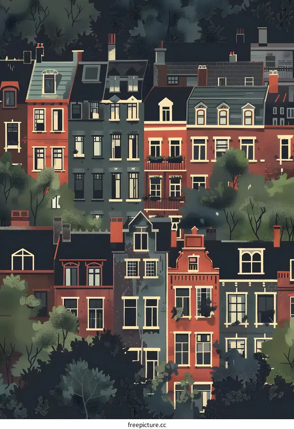 Illustrated Urban Landscape with Buildings and Green Trees