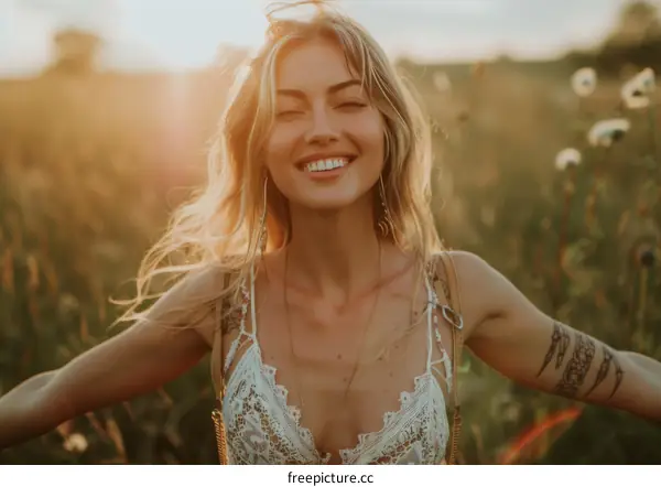 portrait of a smiling blonde woman in a field of flowers