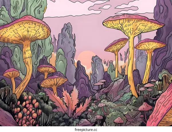 Fantasy Landscape with Giant Mushrooms