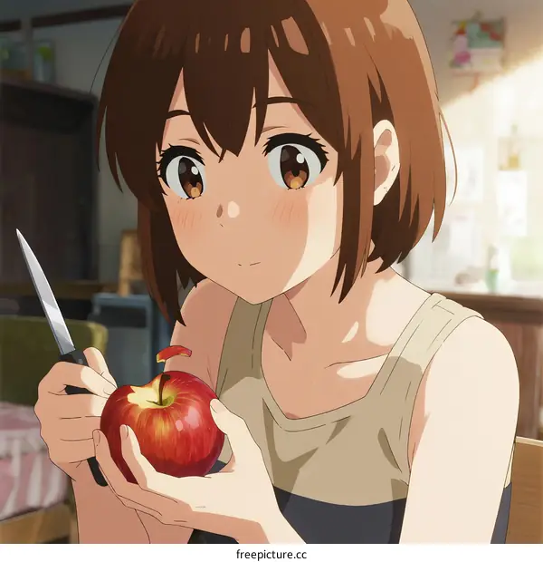Anime Girl Cutting Red Apple in Cozy Room