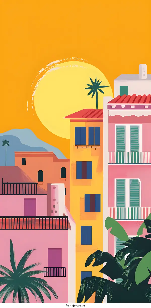 Colorful Illustration of Buildings with Palm Trees and a Sunset
