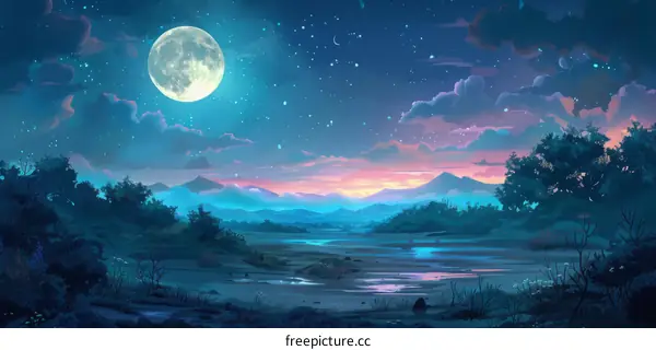 Enchanted Moonlight Landscape with Mountains and River