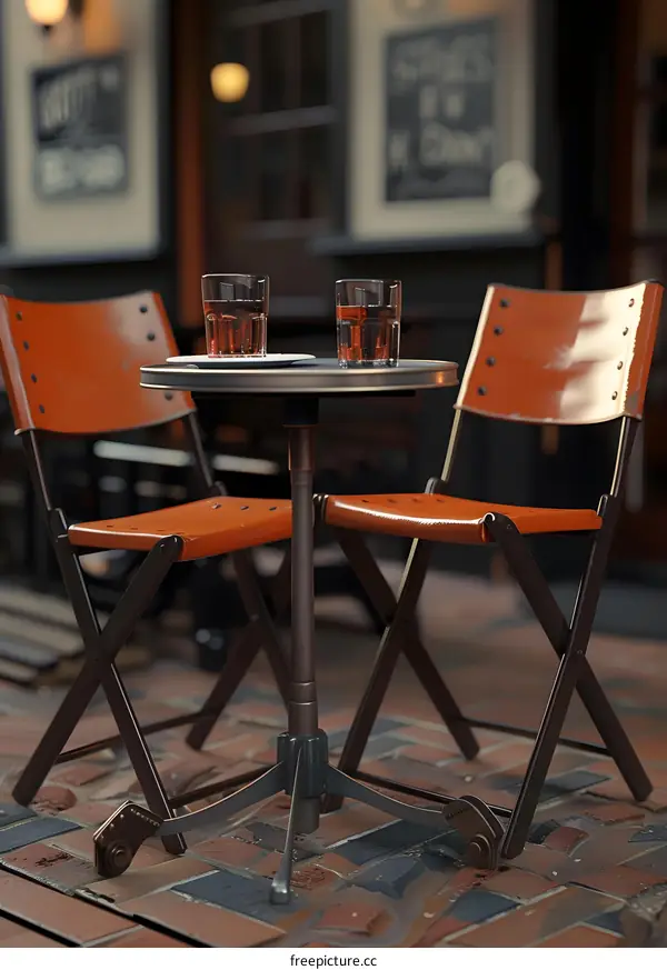 Two Glasses on a Table with Folding Chairs in a Cafe Setting