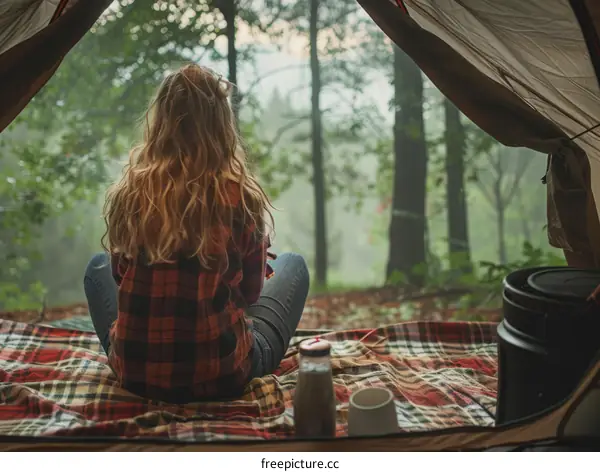 woman in tent looking at forest