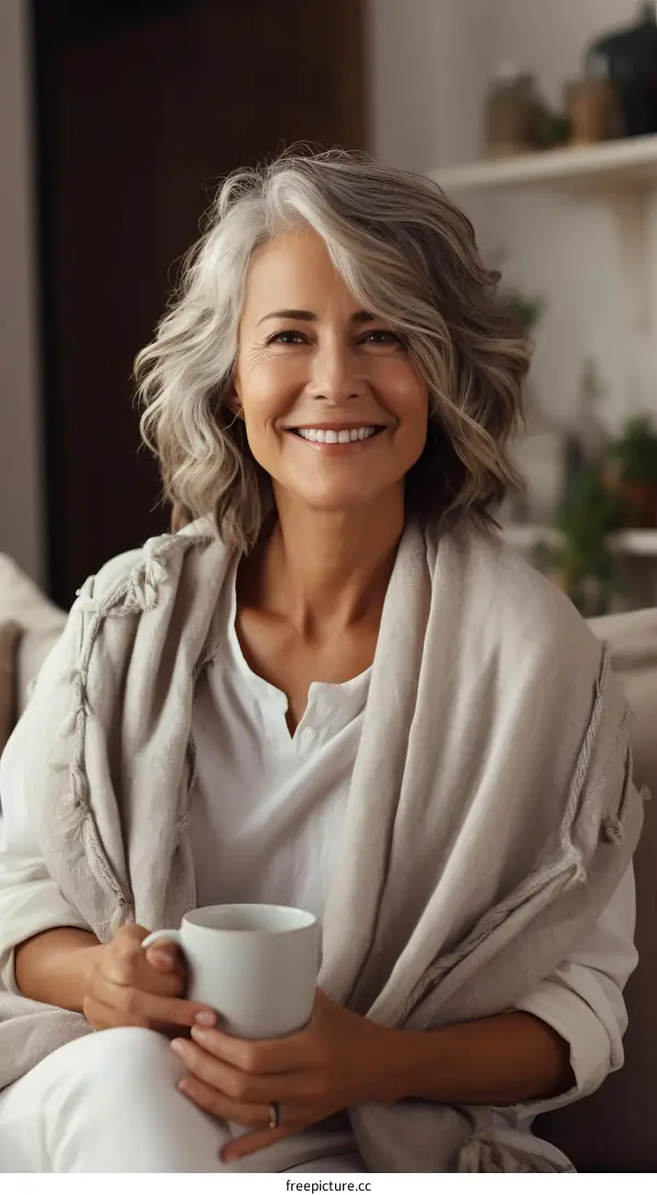 Portrait of a smiling mature woman with grey hair holding a cup of tea