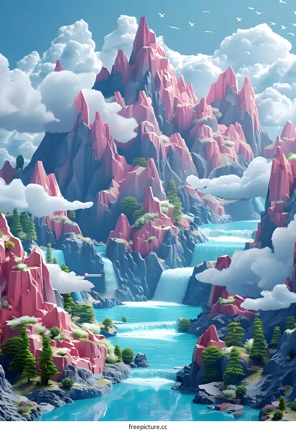 Fantasy landscape with floating islands and waterfalls