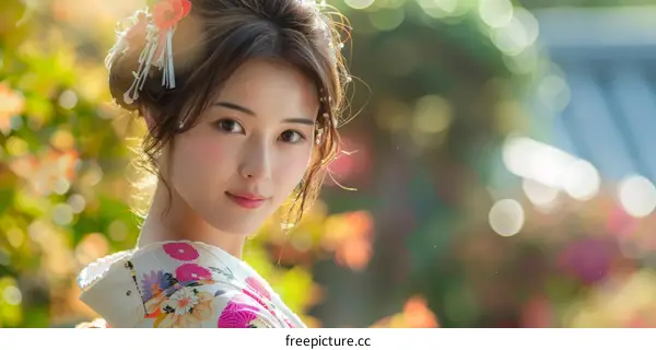 Portrait of a beautiful Asian woman in traditional Japanese kimono