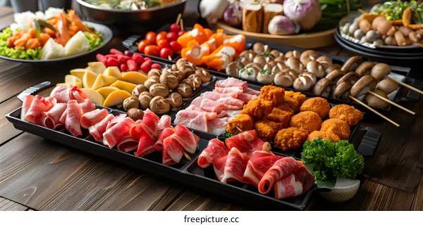 A variety of meats and vegetables are arranged on a black tray. There is a wooden table in the background.