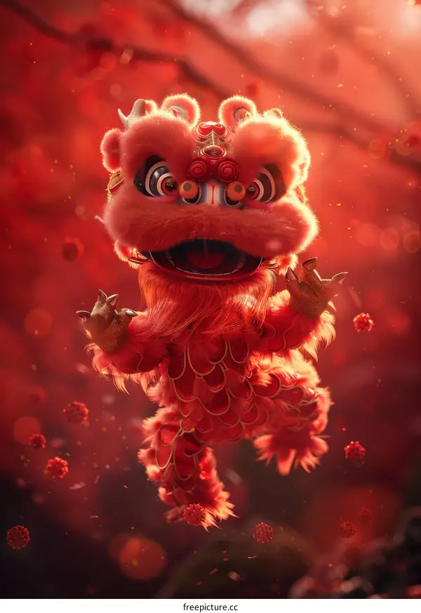 3D rendering of a red and pink lion performing a lion dance on a red background