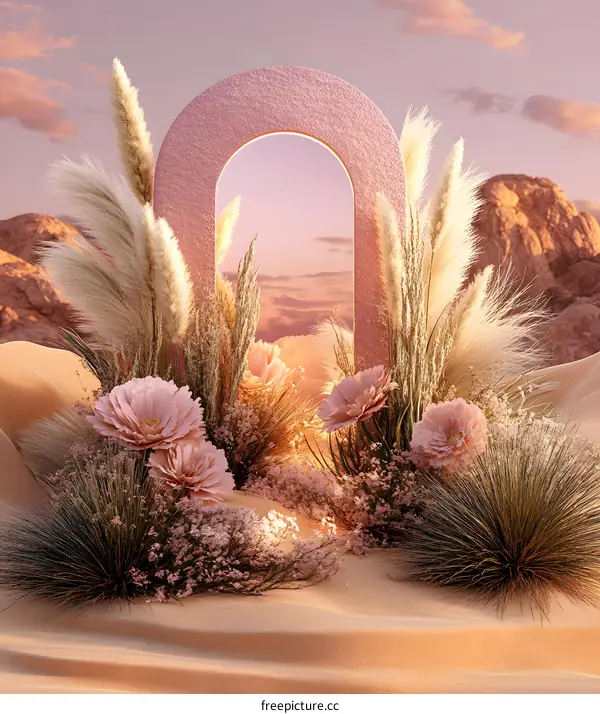 Pink Archway in Desert With Flowers and Pampas Grass