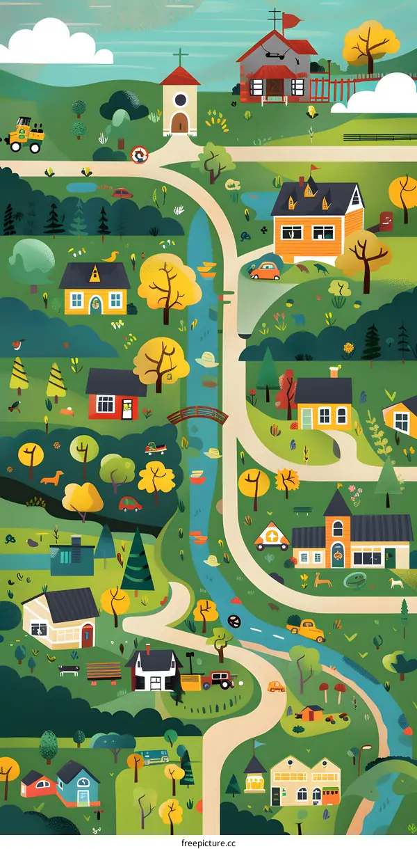 Charming Village Illustration with Houses, Trees and River