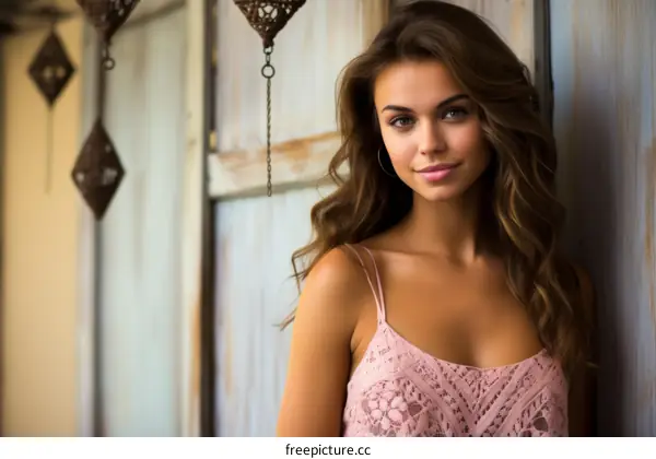Portrait of a beautiful young woman with long brown hair wearing a pink lace dress