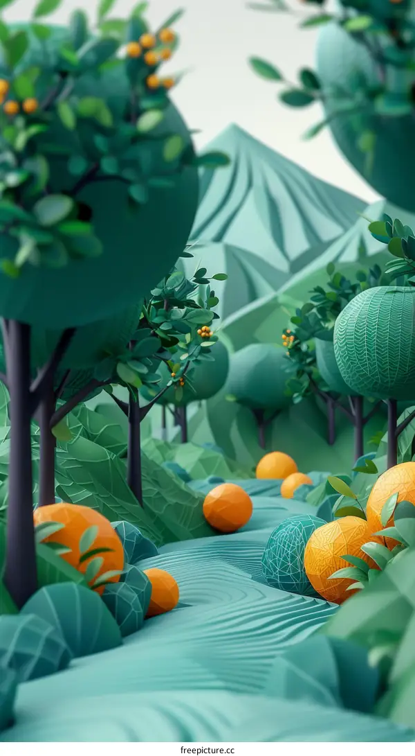 Surreal green landscape with orange spheres