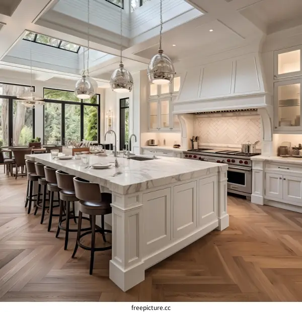 A Luxurious Kitchen With a Large Island and a High Ceiling