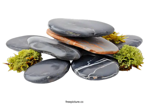 [Transparent Background PNG]Smooth Black Stones And Green Moss On White Background
