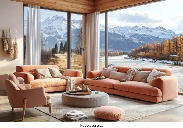 Modern Living Room with Mountain View Illustration