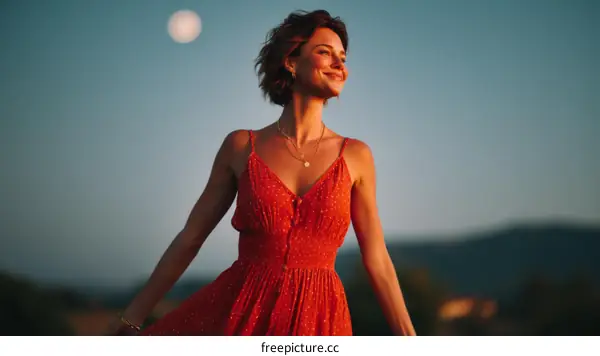 Woman in Red Dress at Sunset with Moon