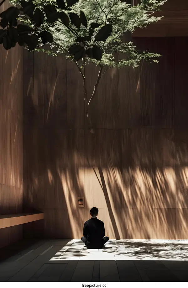 Man Sitting in Meditation in a Minimalist Courtyard