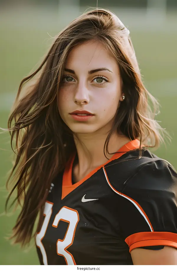 Portrait of a Young Woman in a Black and Orange Jersey