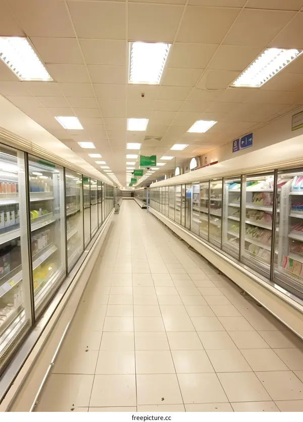 Empty Grocery Store Aisle with Refrigerated Shelves