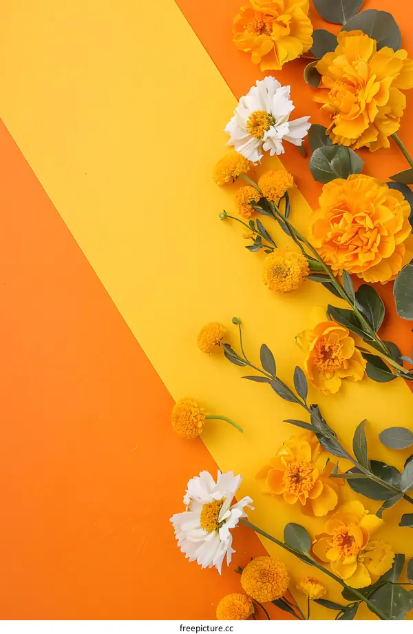 Yellow and White Flowers on a Bright Orange and Yellow Background