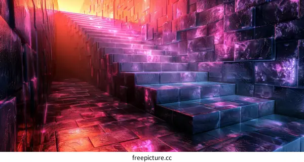 Glowing futuristic sci-fi corridor with stairs going up