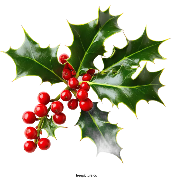 [Transparent Background PNG]Christmas Holly Branch with Red Berries on White Background