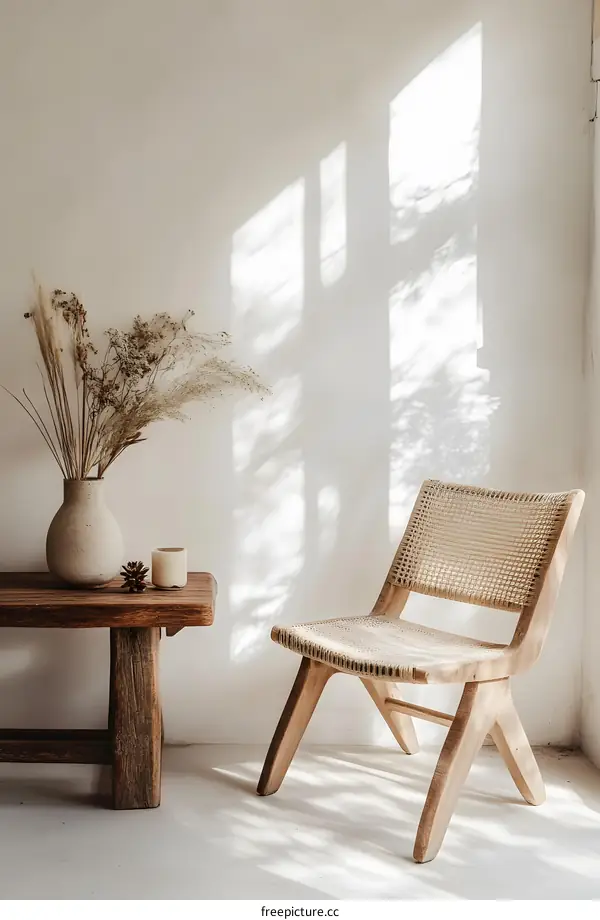 Minimalist Home Decor with a Wooden Chair and Dried Flowers in a Vase
