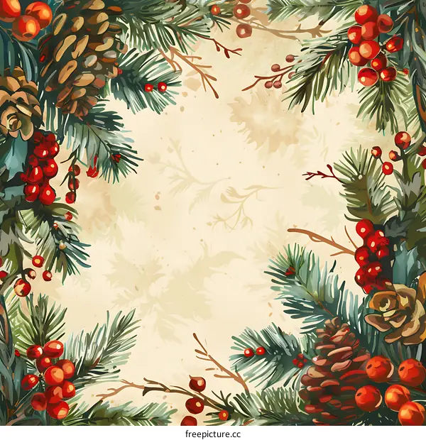 Vintage Christmas background with watercolor pine branches and berries