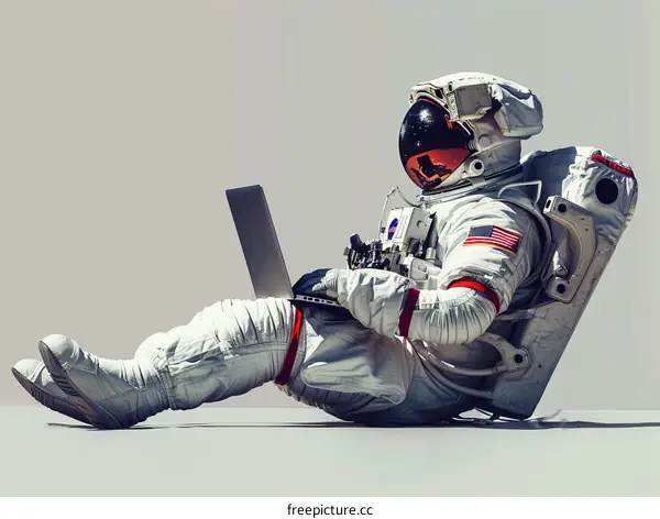 Astronaut Sitting on the Surface of a Celestial Body Using a Laptop