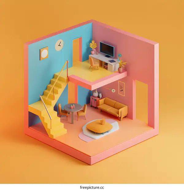 Minimalist 3D Illustration of Modern Home Interior with Yellow Stairs