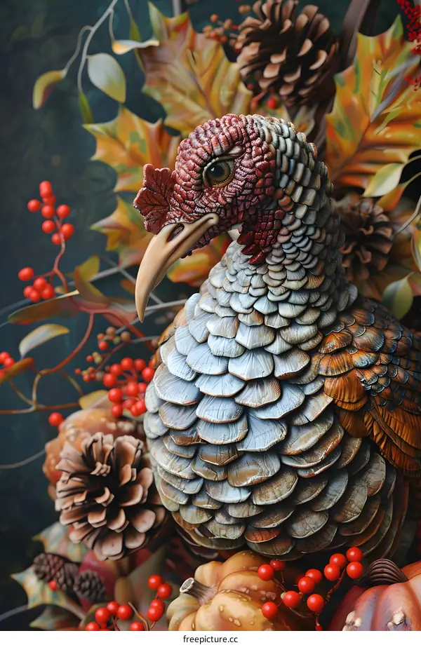 A ceramic turkey surrounded by fall foliage.