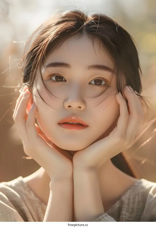 Beautiful Asian Woman with Long Brown Hair Posing Outdoors