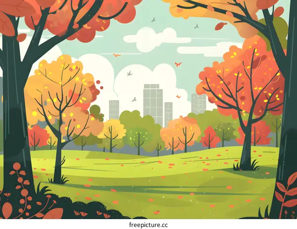 Autumn Landscape with City Skyline in Background