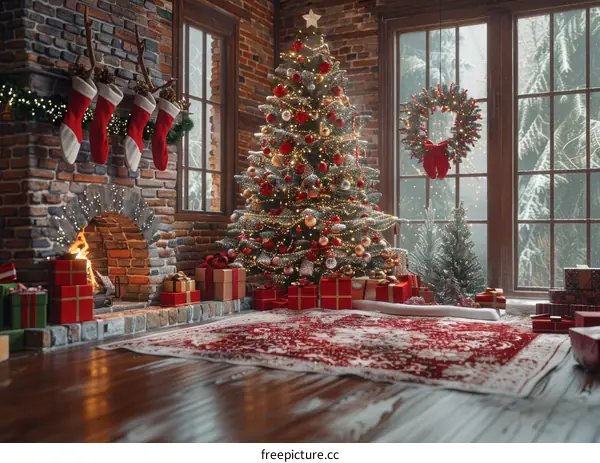 Christmas Tree in the Living Room with Gifts and Lights
