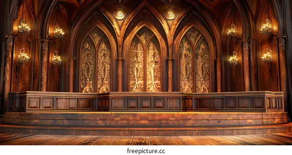 Empty Theater Stage with Wooden Walls and Bench