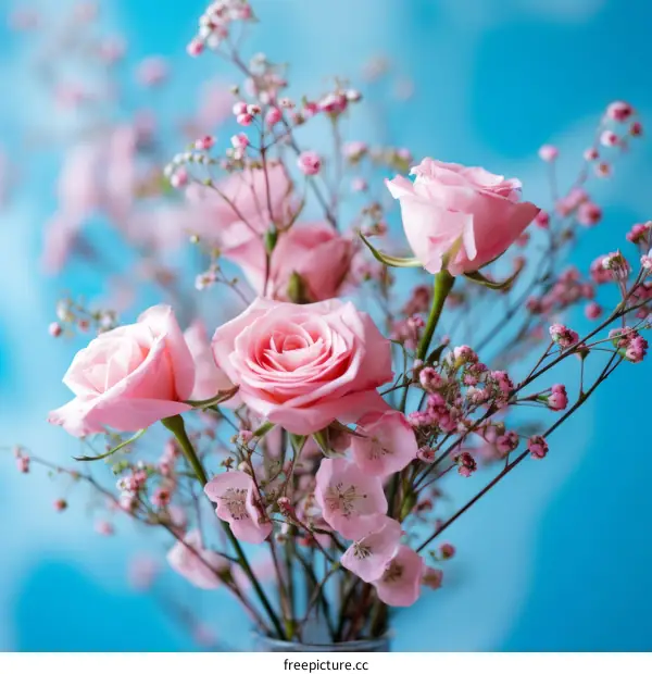 Pink roses and baby's breath bouquet against a blue background