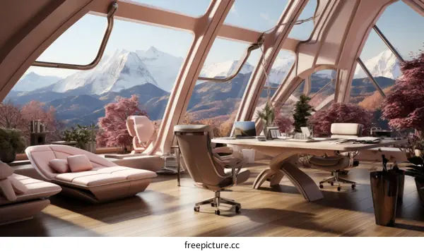 futuristic home office with a stunning mountain view