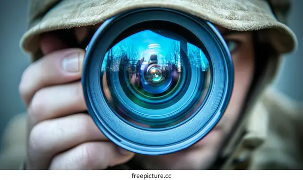 Photographer holding camera lens close up