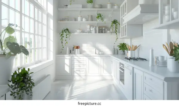 Perspective of a Bright and Airy Kitchen With White Cabinets and Plants