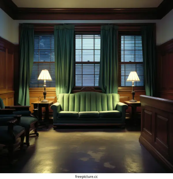 An empty, dimly lit room with a green sofa and two armchairs