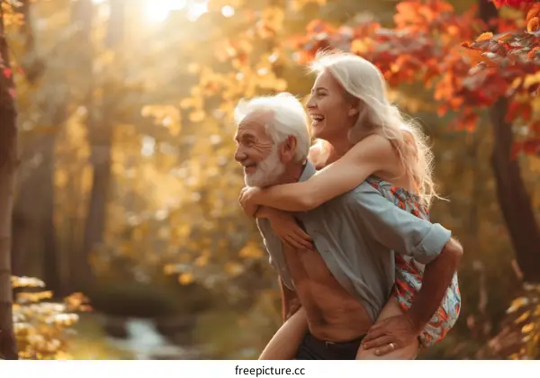 Happy senior couple piggybacking in the woods
