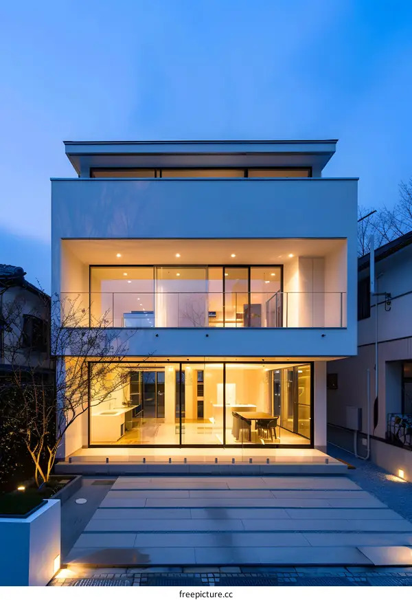 Modern White House With Large Windows and Illuminated Interior