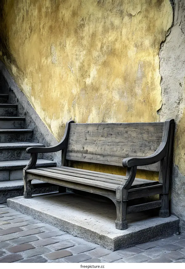 Old Wooden Bench Against Yellow Wall